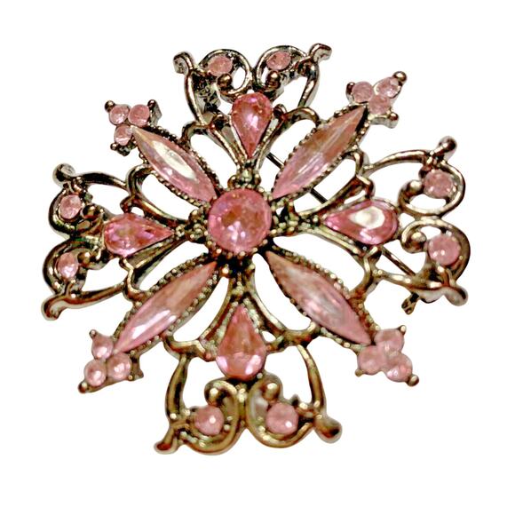 Vintage Inspired Silvertone & Pink Rhinestone Brooch Romantic Edwardian Look - Picture 4 of 5